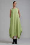 Buy_MATI_Green Handloom Cotton Plain Boat Neck Vari Aakaar Side Cowl Draped Dress _at_Aza_Fashions