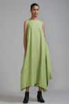 MATI_Green Handloom Cotton Plain Boat Neck Vari Aakaar Side Cowl Draped Dress _Online_at_Aza_Fashions