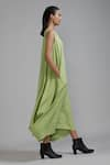 Buy_MATI_Green Handloom Cotton Plain Boat Neck Vari Aakaar Side Cowl Draped Dress _Online_at_Aza_Fashions