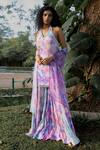 Buy_17:17 By Simmi Saboo_Purple Chiffon Paint Brush Effect Halter Neck James Kurta And Sharara Set _at_Aza_Fashions