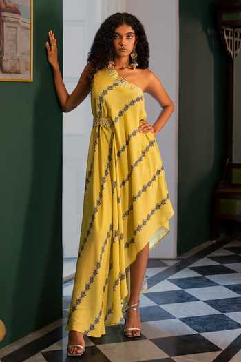 Buy_17:17 By Simmi Saboo_Yellow Muslin Cut Work, Embroidery One Goldie Asymmetric Dress With Belt _at_Aza_Fashions