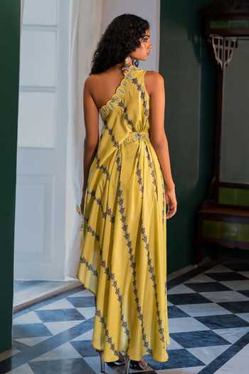 Shop_17:17 By Simmi Saboo_Yellow Muslin Cut Work, Embroidery One Goldie Asymmetric Dress With Belt _at_Aza_Fashions