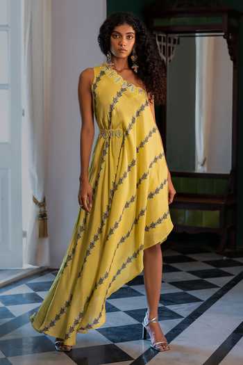 Buy_17:17 By Simmi Saboo_Yellow Muslin Cut Work, Embroidery One Goldie Asymmetric Dress With Belt _Online_at_Aza_Fashions