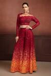 Neeta Lulla_Maroon Organza Resham Illusion Neck Ally Embroidered Flared Pant Set_Online_at_Aza_Fashions
