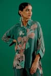 Sitaraa_Green Crepe Printed Foliage Shirt Collar Naksh High Low With Pant _Online_at_Aza_Fashions