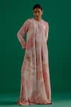 Buy_Sitaraa_Pink Crepe Printed Garden Notched Sara Pearl Embroidered Placket Kaftan _at_Aza_Fashions