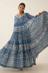 Buy_Kora_Blue Cotton, Silk Sequins, Tassels, Beads, Floral Hand Block Print Anarkali Set _Online_at_Aza_Fashions