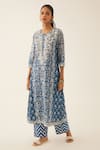 Buy Kora Blue Silk, Cotton Sequins, Tassels, Floral Hand Block Print Straight Kurta Set Online at Aza Fashions Buy_Kora_Blue Silk, Cotton Sequins, Tassels, Floral Hand Block Print Straight Kurta Set _Online_at_Aza_Fashions