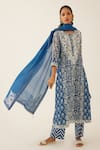 Kora Blue Silk, Cotton Sequins, Tassels, Floral Hand Block Print Straight Kurta Set Online Kora_Blue Silk, Cotton Sequins, Tassels, Floral Hand Block Print Straight Kurta Set _Online