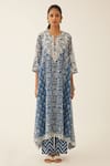 Kora Blue Cotton, Silk Embroidery, Sequins, Tassels Mughal And Floral Print Kurta Set Online at Aza Fashions Kora_Blue Cotton, Silk Embroidery, Sequins, Tassels Mughal And Floral Print Kurta Set _Online_at_Aza_Fashions