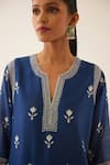 Buy_Kora_Blue Silk, Chanderi Embroidery, Tassels Split V-neck Kurta Set _Online_at_Aza_Fashions
