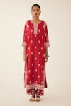 Kora Red Silk, Chanderi Embroidery Split V-neck Thread Kurta Set Online at Aza Fashions Kora_Red Silk, Chanderi Embroidery Split V-neck Thread Kurta Set _Online_at_Aza_Fashions