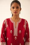 Kora Red Silk, Chanderi Embroidery Split V-neck Thread Kurta Set at Aza Fashions Kora_Red Silk, Chanderi Embroidery Split V-neck Thread Kurta Set _at_Aza_Fashions