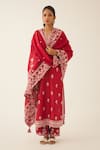 Buy Kora Red Silk, Chanderi Embroidery Split V-neck Thread Kurta Set Buy_Kora_Red Silk, Chanderi Embroidery Split V-neck Thread Kurta Set
