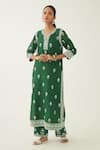 Kora Green Silk, Chanderi Embroidery Split V-neck Floral Kurta Set Online at Aza Fashions Kora_Green Silk, Chanderi Embroidery Split V-neck Floral Kurta Set _Online_at_Aza_Fashions