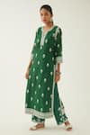 Buy Kora Green Silk, Chanderi Embroidery Split V-neck Floral Kurta Set Online at Aza Fashions Buy_Kora_Green Silk, Chanderi Embroidery Split V-neck Floral Kurta Set _Online_at_Aza_Fashions