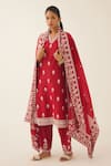 Buy Kora Red Silk, Chanderi Embroidery V-neck Botanical Kurta Set at Aza Fashions Buy_Kora_Red Silk, Chanderi Embroidery V-neck Botanical Kurta Set _at_Aza_Fashions