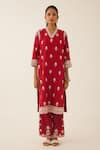 Kora Red Silk, Chanderi Embroidery V-neck Botanical Kurta Set Online at Aza Fashions Kora_Red Silk, Chanderi Embroidery V-neck Botanical Kurta Set _Online_at_Aza_Fashions