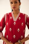 Shop Kora Red Silk, Chanderi Embroidery V-neck Botanical Kurta Set Online at Aza Fashions Shop_Kora_Red Silk, Chanderi Embroidery V-neck Botanical Kurta Set _Online_at_Aza_Fashions
