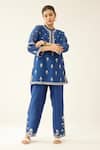 Kora Blue Silk, Chanderi Embroidery Round Neck Kurta And Pant Set Online at Aza Fashions Kora_Blue Silk, Chanderi Embroidery Round Neck Kurta And Pant Set _Online_at_Aza_Fashions