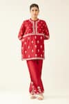 Buy Kora Red Silk, Chanderi Embroidery Round Neck Flower Kurta And Pant Set at Aza Fashions Buy_Kora_Red Silk, Chanderi Embroidery Round Neck Flower Kurta And Pant Set _at_Aza_Fashions