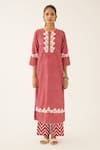Kora Red Silk, Cotton Embroidery Round Neck Flower Print Kurta And Pant Set Online at Aza Fashions Kora_Red Silk, Cotton Embroidery Round Neck Flower Print Kurta And Pant Set _Online_at_Aza_Fashions