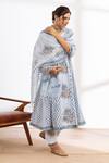 Shop Maison Shefali Blue Kurta And Pant Cotton Printed Block Round Hand Anarkali Set Online at Aza Fashions Shop_Maison Shefali_Blue Kurta And Pant Cotton Printed Block Round Hand Anarkali Set_Online_at_Aza_Fashions