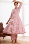 Buy_Maison Shefali_Pink Kurta And Pant Cotton Printed Block Round Hand Kalidar Set _Online_at_Aza_Fashions