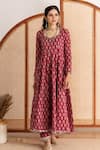 Maison Shefali_Red Kurta And Pant Cotton Printed Block Pentagon Floral Anarkali Set _Online_at_Aza_Fashions