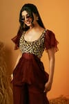 RIA SHAH LABEL_Maroon Organza Embroidery Bead U Neck Top And Sharara Set_Online_at_Aza_Fashions