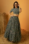 Buy_RIA SHAH LABEL_Black Poly Georgette Printed Garden Round Crop Top And Skirt Set _at_Aza_Fashions