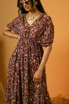 RIA SHAH LABEL_Maroon Poly Georgette Printed Floral V Neck Flower Kaftan And Flared Pant Set _Online_at_Aza_Fashions