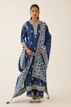 Buy_Kora_Blue Silk, Chanderi Embroidery, Tassels Split V-neck Kurta Set _at_Aza_Fashions