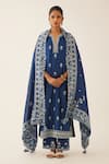 Kora_Blue Silk, Chanderi Embroidery, Tassels Split V-neck Kurta Set _at_Aza_Fashions