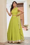 Buy_Palak & Mehak_Green Pure Crepe Print Bandhani Asymmetric Neck Disha Lehenga With Blouse _at_Aza_Fashions