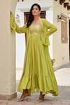 Buy_Palak & Mehak_Green Pure Crepe Print Bandhani Dress Square Neck Ifat With Jacket _at_Aza_Fashions