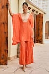 Buy_Palak & Mehak_Orange Rayon Crepe Lurex Stripe V Mira Pattern Kaftan With Sharara _at_Aza_Fashions