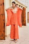 Palak & Mehak_Orange Rayon Crepe Lurex Stripe V Neck Mira Pattern Kaftan With Sharara _Online_at_Aza_Fashions