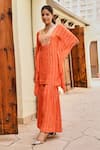 Shop_Palak & Mehak_Orange Rayon Crepe Lurex Stripe V Mira Pattern Kaftan With Sharara _Online_at_Aza_Fashions
