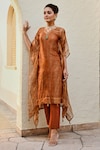 Shop_Palak & Mehak_Brown Tissue Plain V Neck Mira Shimmer Effect Kaftan With Pant _at_Aza_Fashions