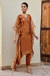 Buy_Palak & Mehak_Brown Tissue Plain V Neck Mira Shimmer Effect Kaftan With Pant _Online_at_Aza_Fashions