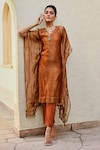 Shop_Palak & Mehak_Brown Tissue Plain V Neck Mira Shimmer Effect Kaftan With Pant _Online_at_Aza_Fashions