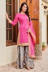 Buy_Palak & Mehak_Pink Chanderi Print Palazzo Floral Round Neck Nura Kurta And Set _at_Aza_Fashions