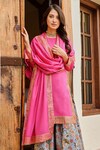 Shop_Palak & Mehak_Pink Chanderi Print Palazzo Floral Round Neck Nura Kurta And Set _Online_at_Aza_Fashions