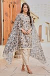 Buy_Palak & Mehak_Grey Chanderi Print Floral Notched Neck Nura Flower Bloom Kurta Set _at_Aza_Fashions