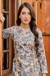 Shop_Palak & Mehak_Grey Chanderi Print Floral Notched Neck Nura Flower Bloom Kurta Set _Online_at_Aza_Fashions