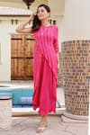 Shop_Palak & Mehak_Pink Pure Crepe Stripe Round Neck Rehat Pattern Cape With Dress _at_Aza_Fashions