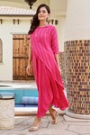 Palak & Mehak_Pink Pure Crepe Stripe Round Neck Rehat Pattern Cape With Dress _Online_at_Aza_Fashions