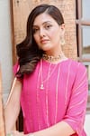 Palak & Mehak_Pink Pure Crepe Stripe Round Neck Rehat Pattern Cape With Dress _at_Aza_Fashions