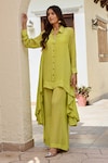 Palak & Mehak_Green Pure Crepe Print Bandhani Collared Neck Ria Tunic With Pant _Online_at_Aza_Fashions